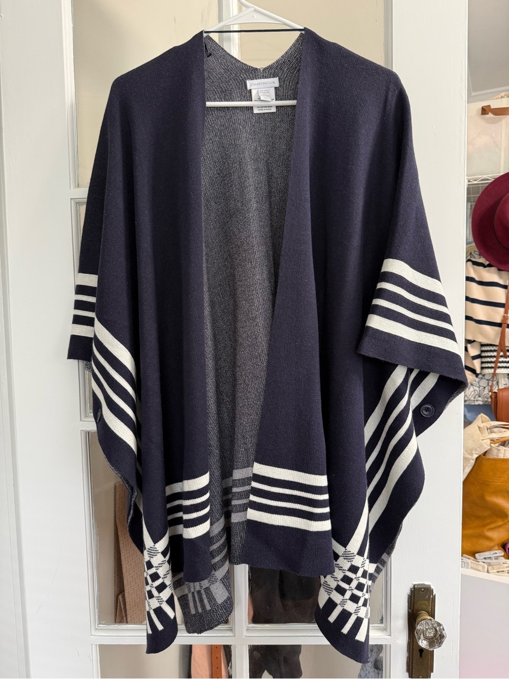 Charter Club Navy and Cream Striped Knit Poncho